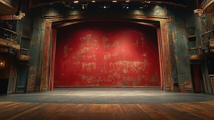 Empty Vintage Theater Stage with Red Backdrop and Worn Wooden Fr