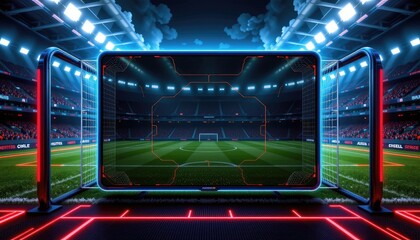 football racing strategy. A futuristic soccer stadium view featuring a digital scoreboard and vibrant lighting, showcasing an empty pitch ready for action.