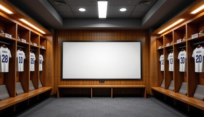 football racing strategy. Modern sports locker room featuring wooden lockers and uniforms, with a large screen for team discussions and strategy.
