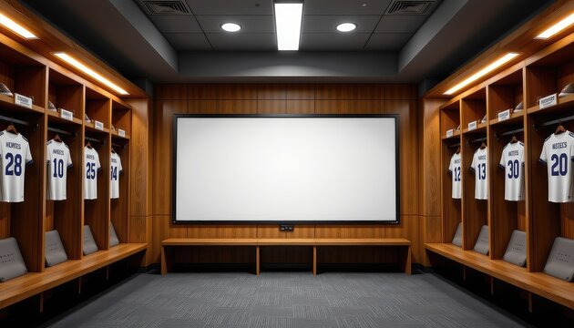 football racing strategy. Modern sports locker room featuring wooden lockers and uniforms, with a large screen for team discussions and strategy.