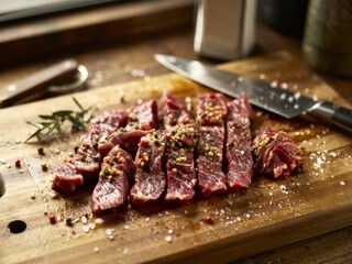 Deliciously seasoned sliced beef on a wooden cutting board in a kitchen setting