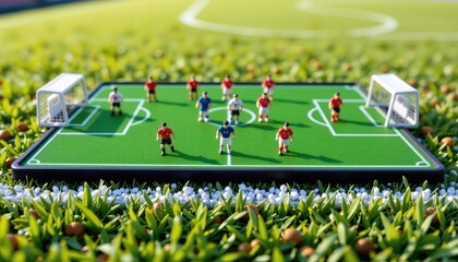 football racing strategy. A miniature soccer field with figurines of players is set on vibrant grass, showcasing a playful sports scene.