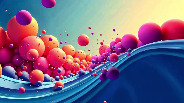 Abstract background, slow approach and movement of a blue curved wave, surrounded by multi-colored balls of different sizes flying in different directions on a light blue background. The concept of re