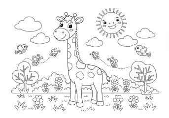 Smiling giraffe in sunny meadow with butterflies, birds, and flowers in a cute animal coloring book line art illustration