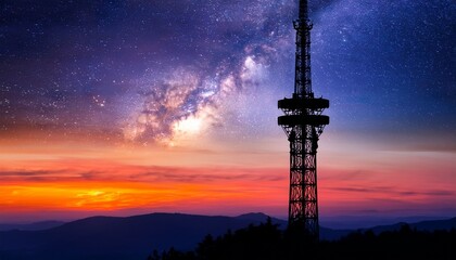 Naklejka premium Silhouetted Tower at Sunset with Cosmic Energy
