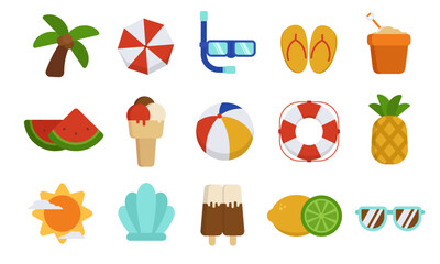 Summer icon flat illustration collection set isolated on white