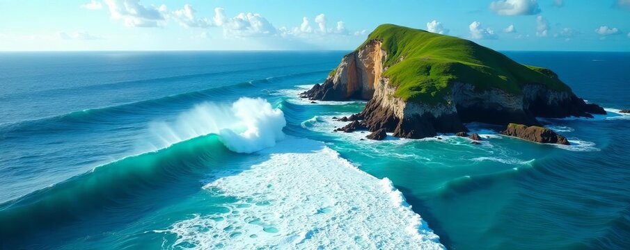Aerial view of waves crashing on rugged coastline with lush green island and clear blue sky, aerial view, coastal, landscape