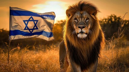 An elegant male lion appears on a grassy field during a stunning sunset.