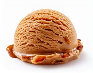 creamy pecan caramel ice cream scoop isolated on white background