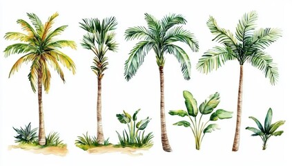 A detailed botanical depiction of a tropical palm branch and tree.