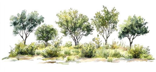 Set of vector illustrations, various bushes and trees in the park isolated on a white background, high resolution, high detail, hyper-realistic, photorealistic. 