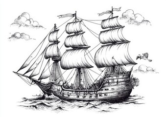 Unique portrayal of a pirate ship crafted by hand in a sailboat setting.
