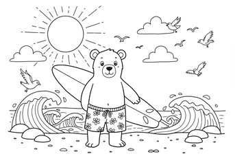 Obraz premium Cartoon bear in swim shorts with surfboard on sunny beach with waves and birds in a fun summer coloring book line art illustration