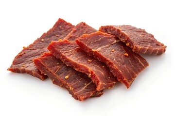 Fototapeta premium Spicy beef jerky on white background