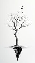 Artistic black and white illustration of a leafless tree with birds flying, symbolizing nature and isolation.