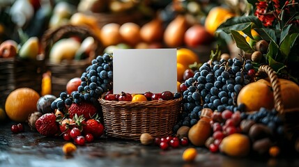 Naklejka premium Blank gift card in a basket of colorful fruits and toys for a festive occasion