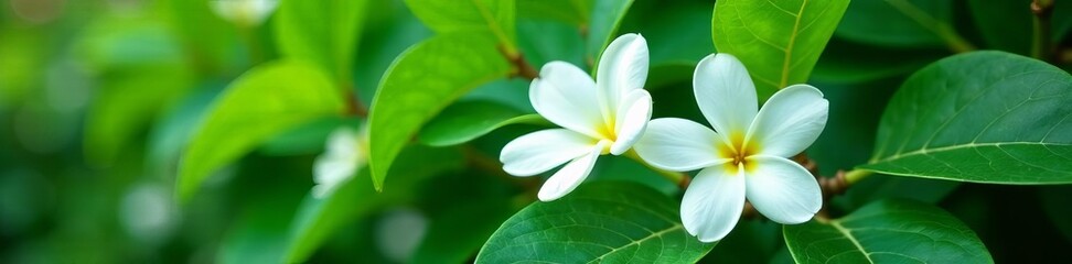 Fototapeta premium Close-up of stephanotis flowers with white petals and green leaves on vine, madagascar jasmine, fragrant