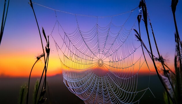 colorful spider web glistening with dew drops under a vibrant gradient sky at dawn