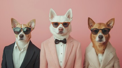 Stylish dogs wearing sunglasses and suits on pink background