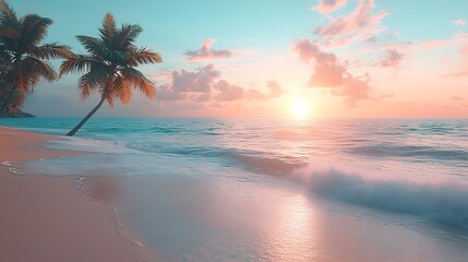 Tranquil beach scene with palm trees and sunset over the ocean