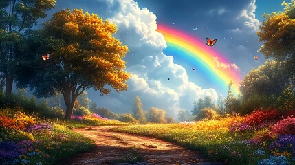 Serene Landscape With Rainbow Butterflies And Blooming Meadow Path Photo