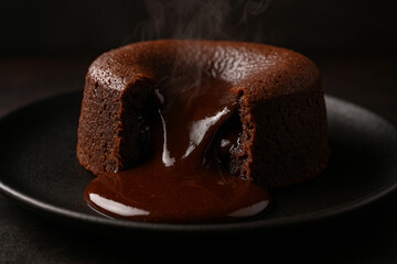 Hot molten chocolate cake with rich, flowing center, steaming gently on a dark plate.
