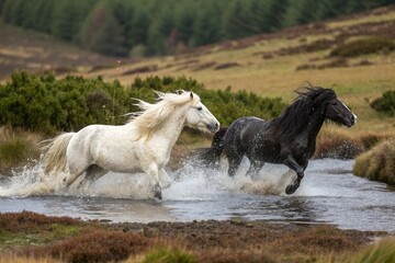 Fototapeta premium White and Black Ponies Splashing in Moorland Water - generated by ai