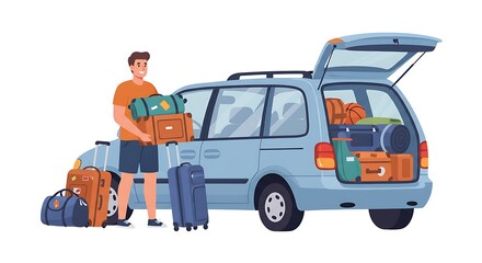 Preparing for a family road trip: A man loads luggage into the car's trunk