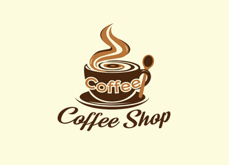 Elegant Cafe Logo with Coffee Cup and Steam Swirl, Vintage Coffee Logo with Retro Cup and Steam,  Modern Coffee Cup Logo for Cafes and Coffeehouses, Brown Coffee Mug Logo with Spoon and Artistic Steam