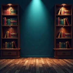 Dark background with bright bookshelves and spotlight, study, shelves, home decor