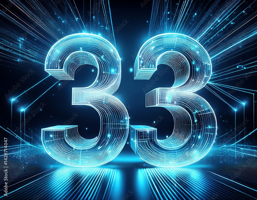 Poster digital representation of the number 33 in a futuristic design shows glowing connections in a dark b