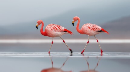 Two flamingos walk gracefully across shallow water with a blurred natural background.