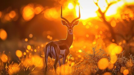 a magnificient ice impala, standing in the sunset, ambient lights