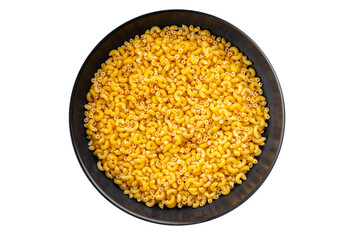 Pasta raw coquillette macaroni appetizer dish organic product fresh tasty gourmet food background on the table rustic food top view copy space