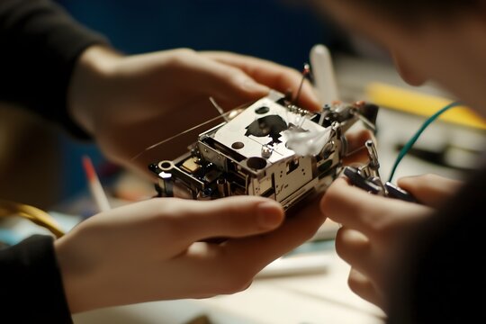 Collaborative engineering in action as two people meticulously assemble a complex electronic prototype with precision tools in a technology workshop