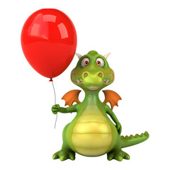 Fototapeta premium Cartoon dragon character holding red balloon standing with joyful expression