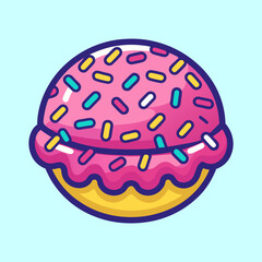 Stylized donut with pink frosting and colorful sprinkles cartoon illustration