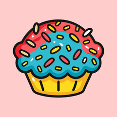 Cartoon cupcake with red and blue frosting and colorful sprinkles design