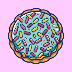 Cartoon donut with blue icing and colorful sprinkles on pink background