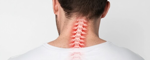 A conceptual image showing a man's neck with a highlighted spine, symbolizing pain or medical issues related to the cervical region.