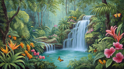 Obraz premium Tropical waterfall cascading into lush green jungle, vibrant flowers, butterflies fluttering in serene exotic paradise