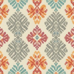 Seamless Oriental Ikat Embroidery Background with Symmetrical Floral Elements
