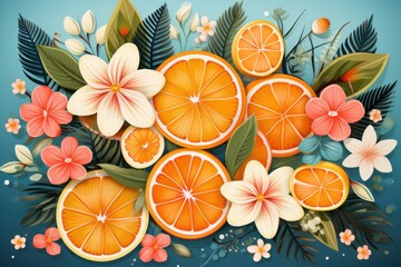 Fototapeta premium Exotic composition with orange slices, tropical flowers and lush leaves art
