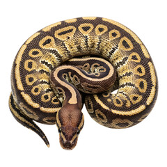 Fototapeta premium Coiled ball python snake resting on a flat white surface, top view