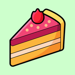 Colorful layered cake slice with strawberry topping on a light green background