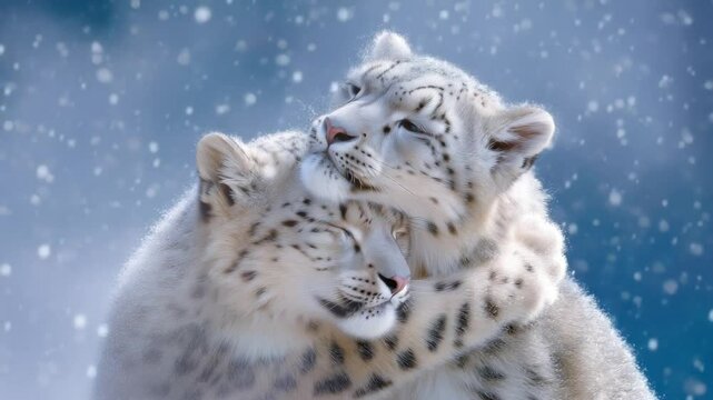 Two snow leopards hug in snowy mountains, 2 snow leopards hug in wild nature, 2 snow leopards hug for wildlife emotional moment