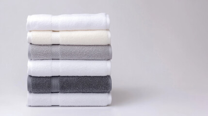 Neatly arranged piles of soft towels in various shades of white and gray create calming and organized atmosphere, perfect for any bathroom or spa setting