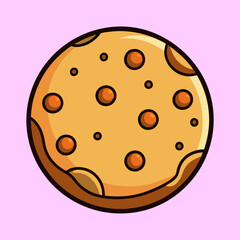Cartoon depiction of a delicious chocolate chip cookie on pink background