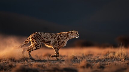 Fototapeta premium A cheetah sprints across a sunlit savanna, leaving a trail of dust behind.