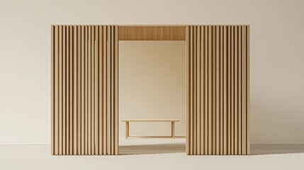 Modern wooden room divider, minimalist interior design, neutral background, workspace